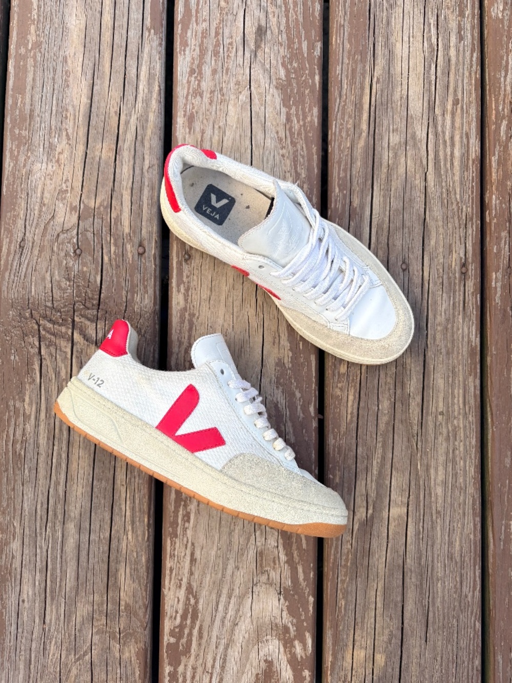 Veja V-12 Sneakers – White w/ Pink Logo & Gum Sole (Women’s 5)